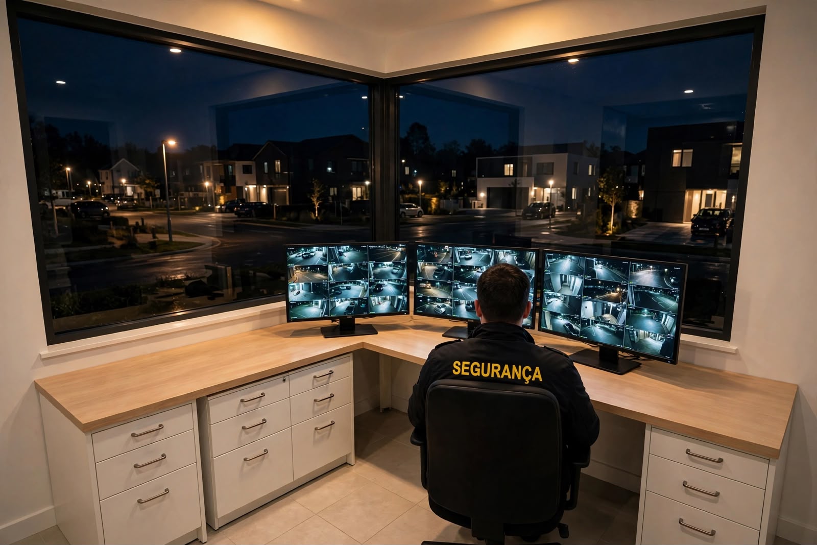 Segurança monitorando câmeras em central de monitoramento