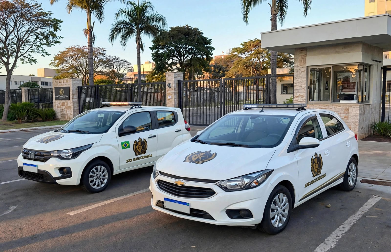 Viaturas de ronda motorizada da Lex Company estacionadas na entrada de condomínio